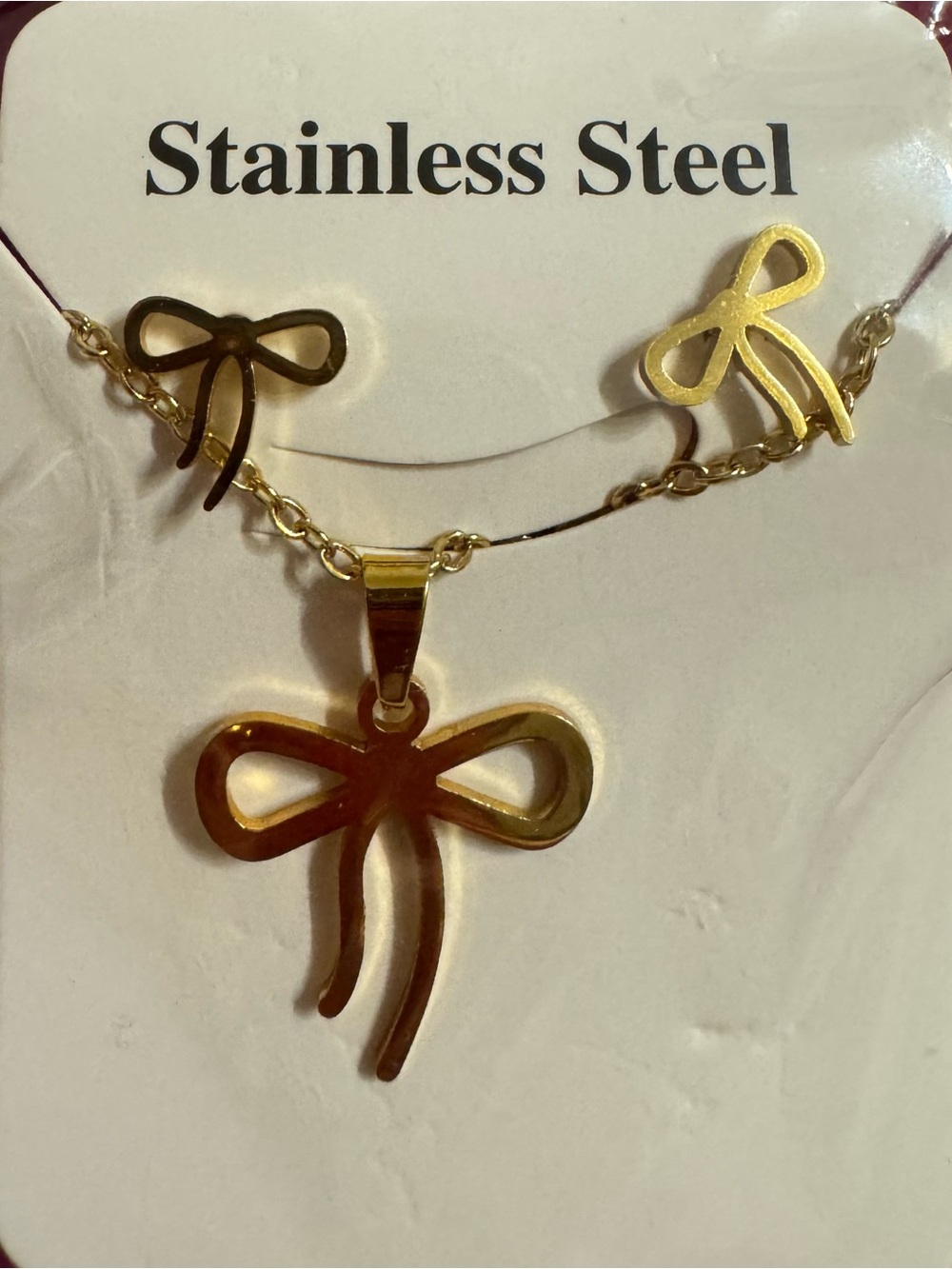 Stainless Steel Gold Bow Pendant Necklace and Earrings Set
